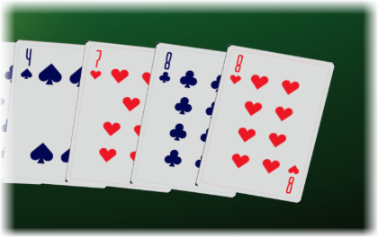 Four cards at the right-hand end of your fan, close up: the four of spades, the seven of hearts, the eight of clubs and the eight of hearts, each with its number and suit printed oversized in the top corner.