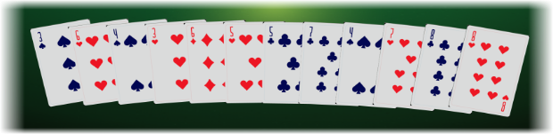 Your own twelve cards held up toward you in a fan, close enough to read: the ordinary red-and-blue deck, each card carrying an oversized number and suit in its top corner.