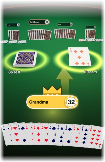 The Shanghai table on a phone: four players across the top of the green felt, the two piles glowing in the middle, an arrow pointing from your seat up to them, and your own hand fanned across the bottom of the screen.