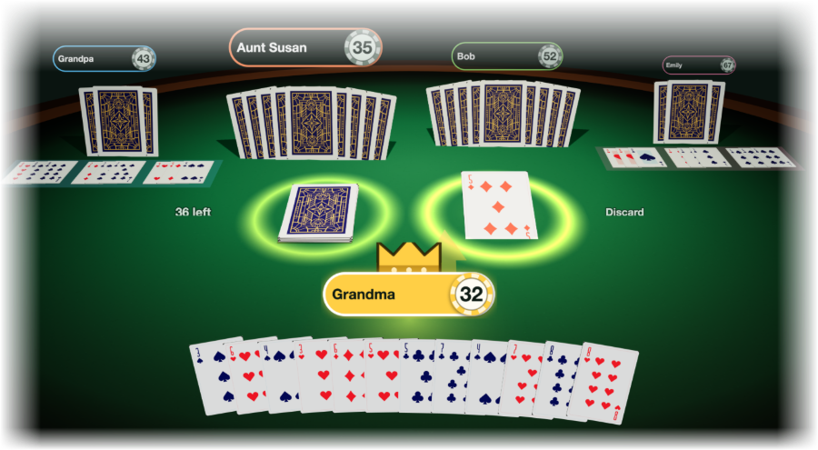The Shanghai table seen from above: four other players across the green felt with their names and scores on coloured plates, the face-down pile and the discard pile ringed in gold in the middle, and your own hand of cards fanned out along the bottom.